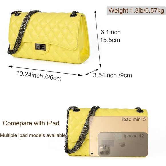 Women Yellow-i PU Quilted Stylish Crossbody Bag with Chain Strap & Flap Closure - Picture 2 of 6